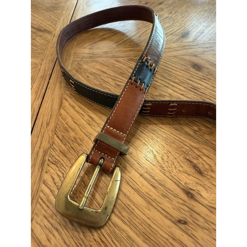 Fossil Women's Leather Brown Patchwork Belt BT 1412 M Brass Tone Buckle